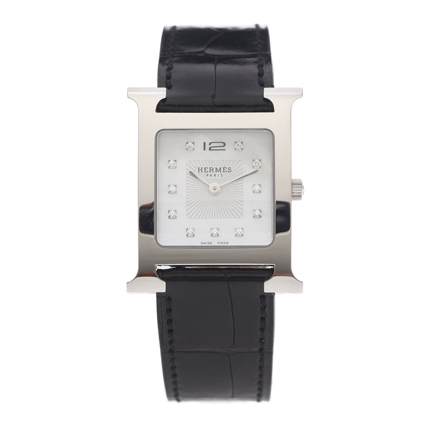 Hermes Stainless Steel Alligator Diamond Mother of Pearl 26mm Heure H Hour Quartz Watch Noir 1 of 5