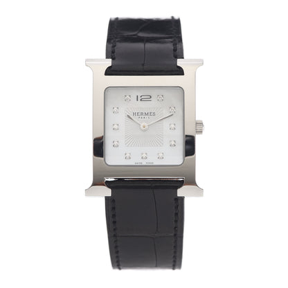 Hermes Stainless Steel Alligator Diamond Mother of Pearl 26mm Heure H Hour Quartz Watch Noir 1 of 5