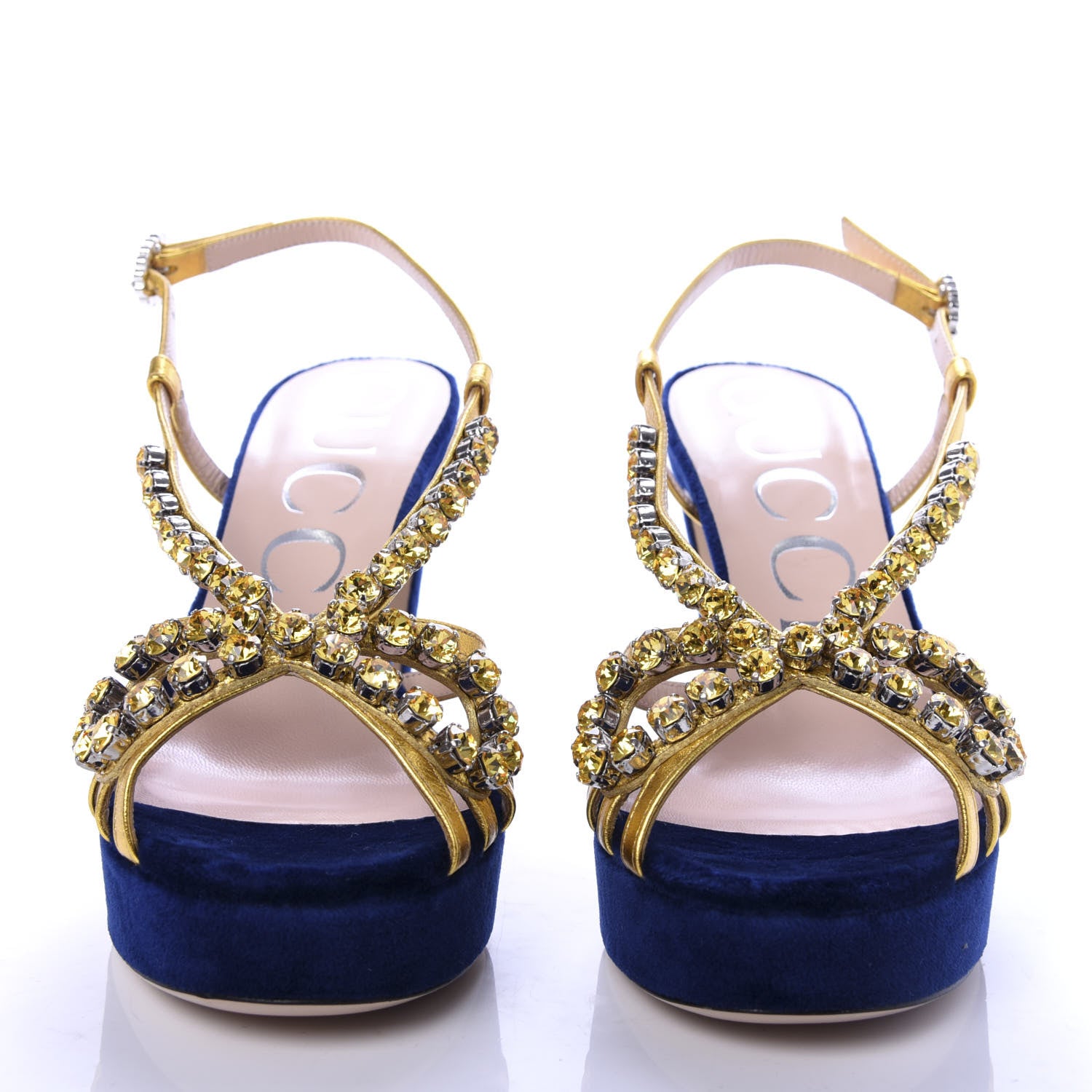 Gucci Velvet Crystal Zephyra Slingback Platform High Heel Sandals 36 Blue Gold 2 of 9