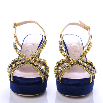 Gucci Velvet Crystal Zephyra Slingback Platform High Heel Sandals 36 Blue Gold 2 of 9