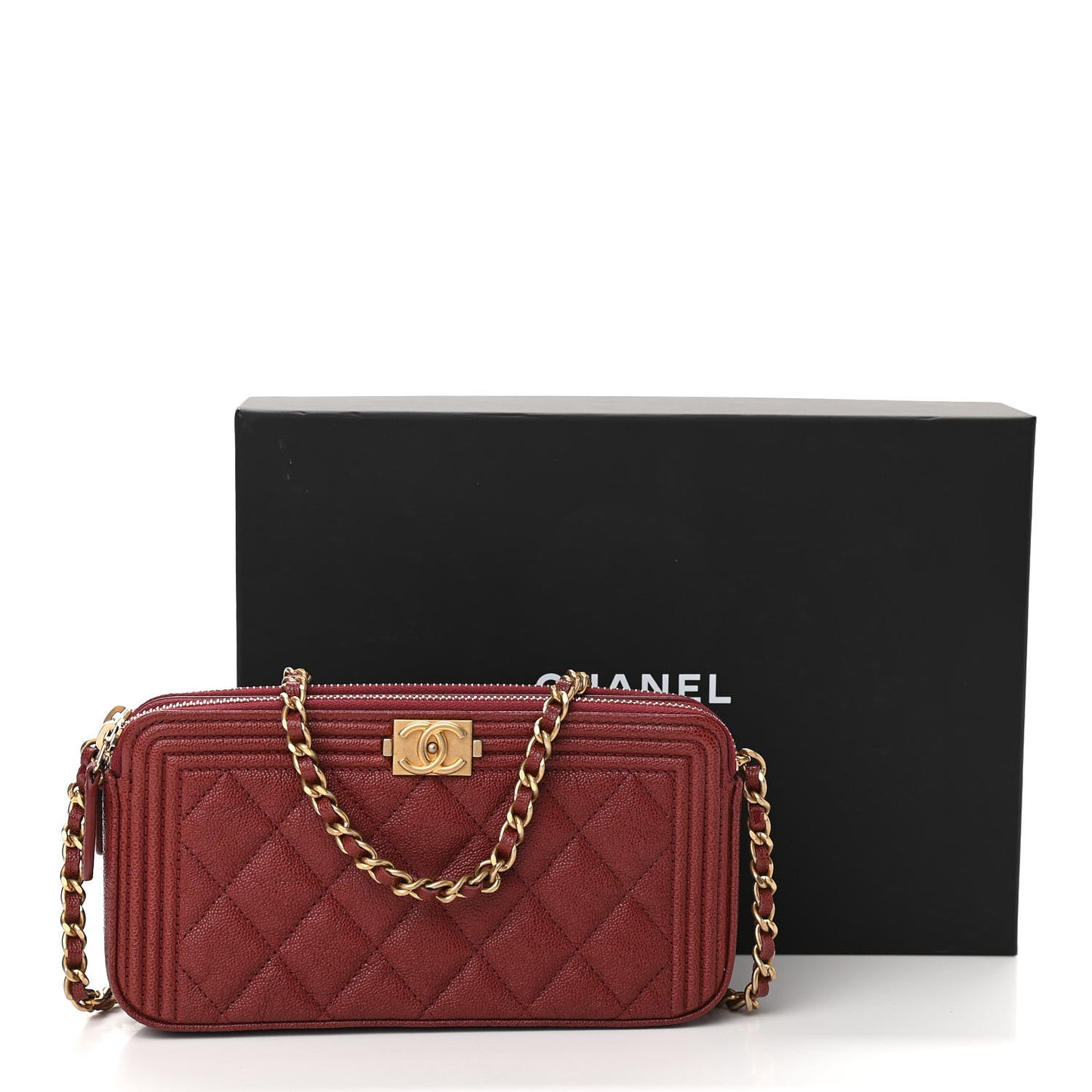 Caviar Quilted Small Boy Clutch With Chain Burgundy