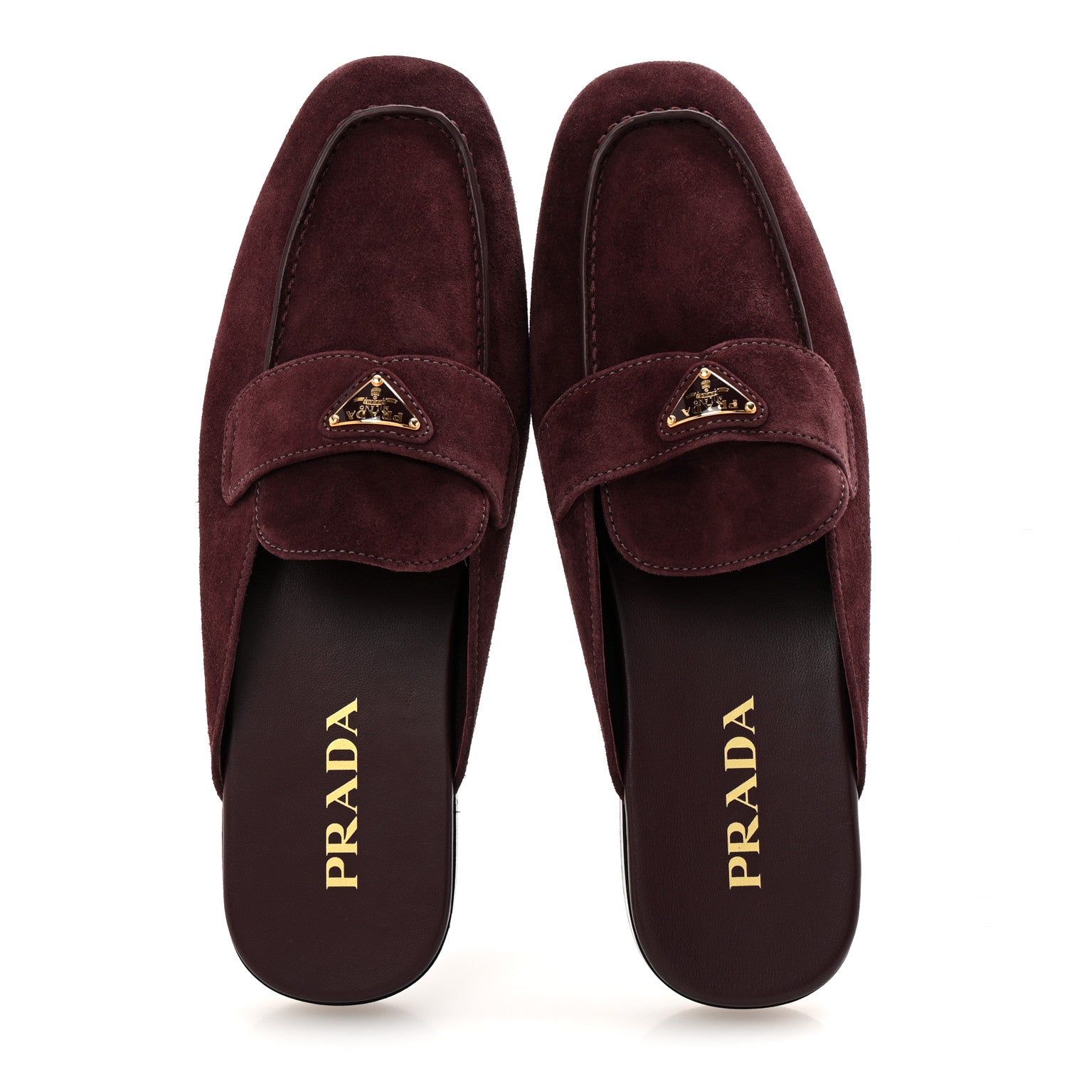 Prada Suede Metal Triangle Logo 10mm Loafer Mules 38.5 Bordeaux 2 of 9