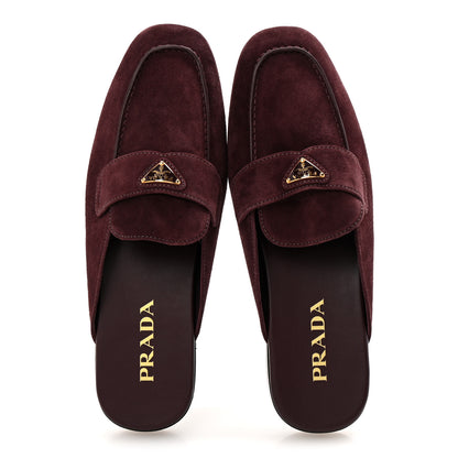 Prada Suede Metal Triangle Logo 10mm Loafer Mules 38.5 Bordeaux 2 of 9