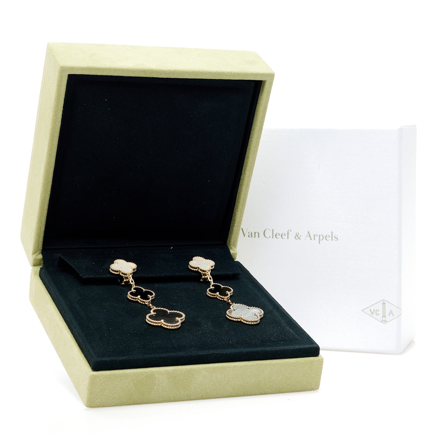 18K Yellow Gold Mother of Pearl Black Onyx 3 Motifs Magic Alhambra Earrings