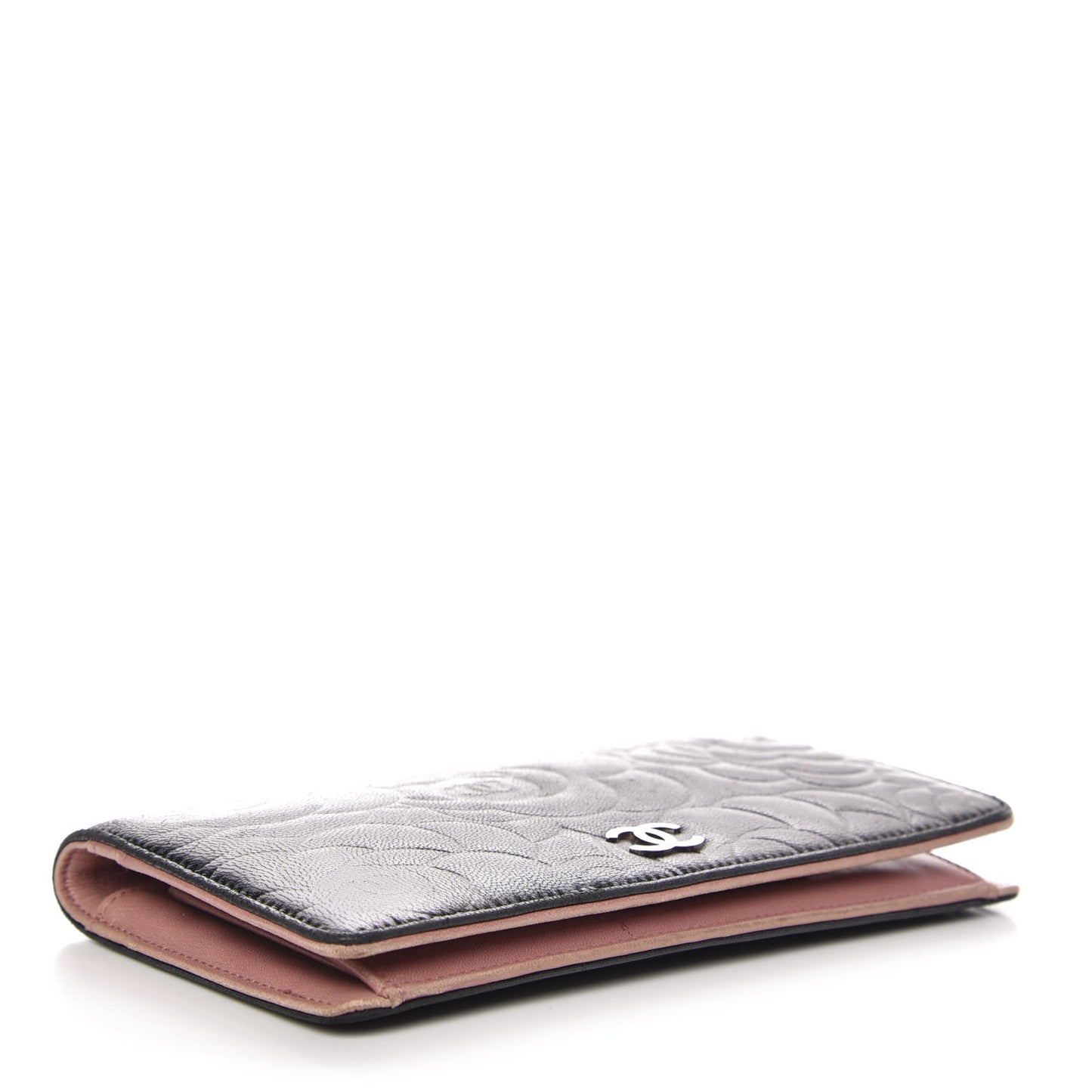 Lambskin Camellia Embossed Yen Wallet Black