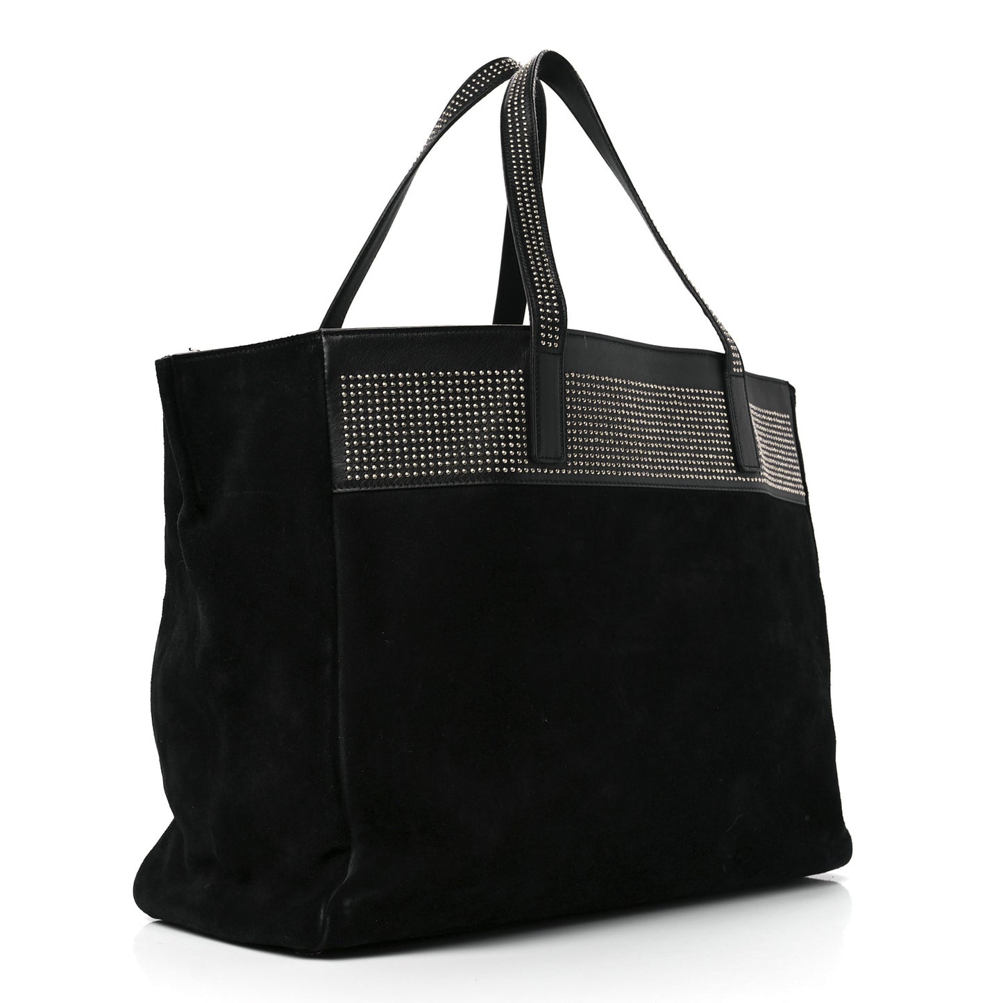 Calfskin Suede Studded Reversible East West Shopping Tote Black