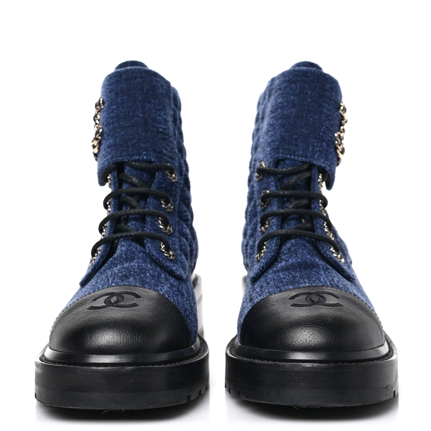 Denim Calfskin Quilted Lace Up Combat Boots 40 Blue