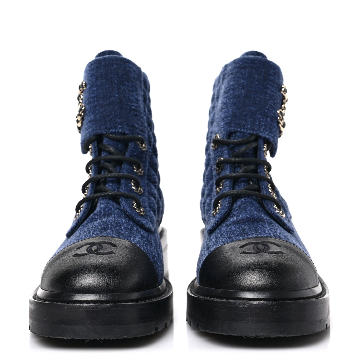 Chanel Denim Calfskin Quilted Lace Up Combat Boots 40 Blue 2 of 6
