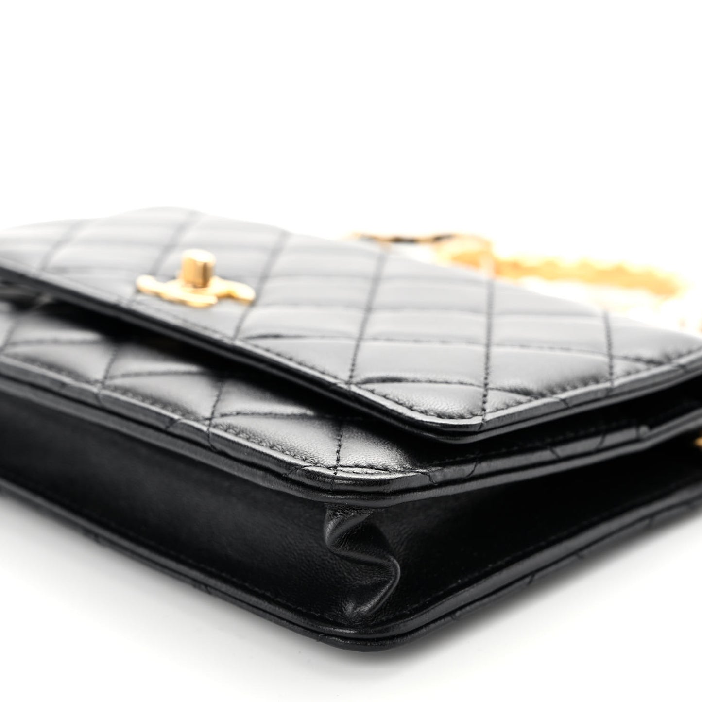 Lambskin Quilted Pearl Crown Wallet On Chain WOC Black