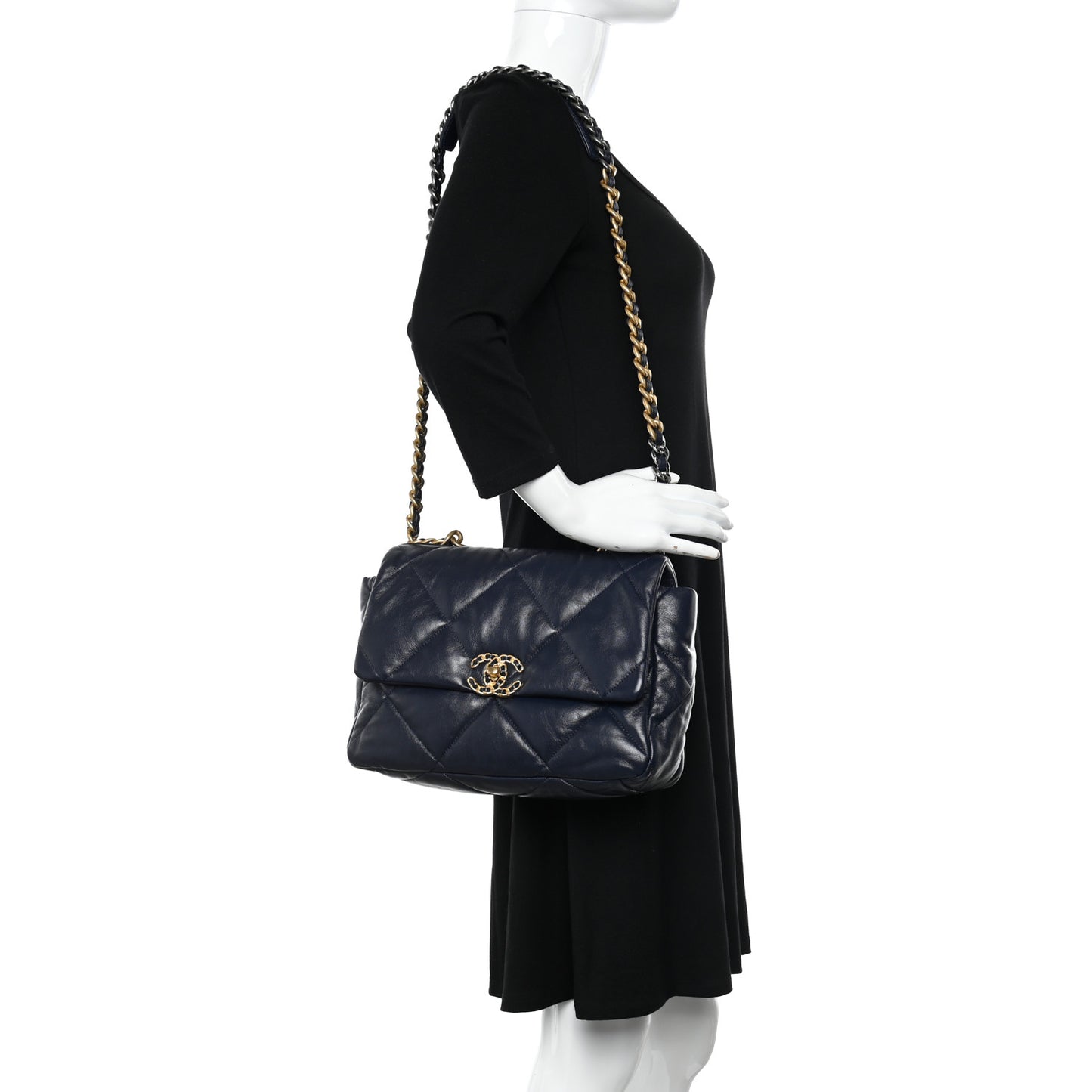 Lambskin Quilted Large Chanel 19 Flap Navy Blue