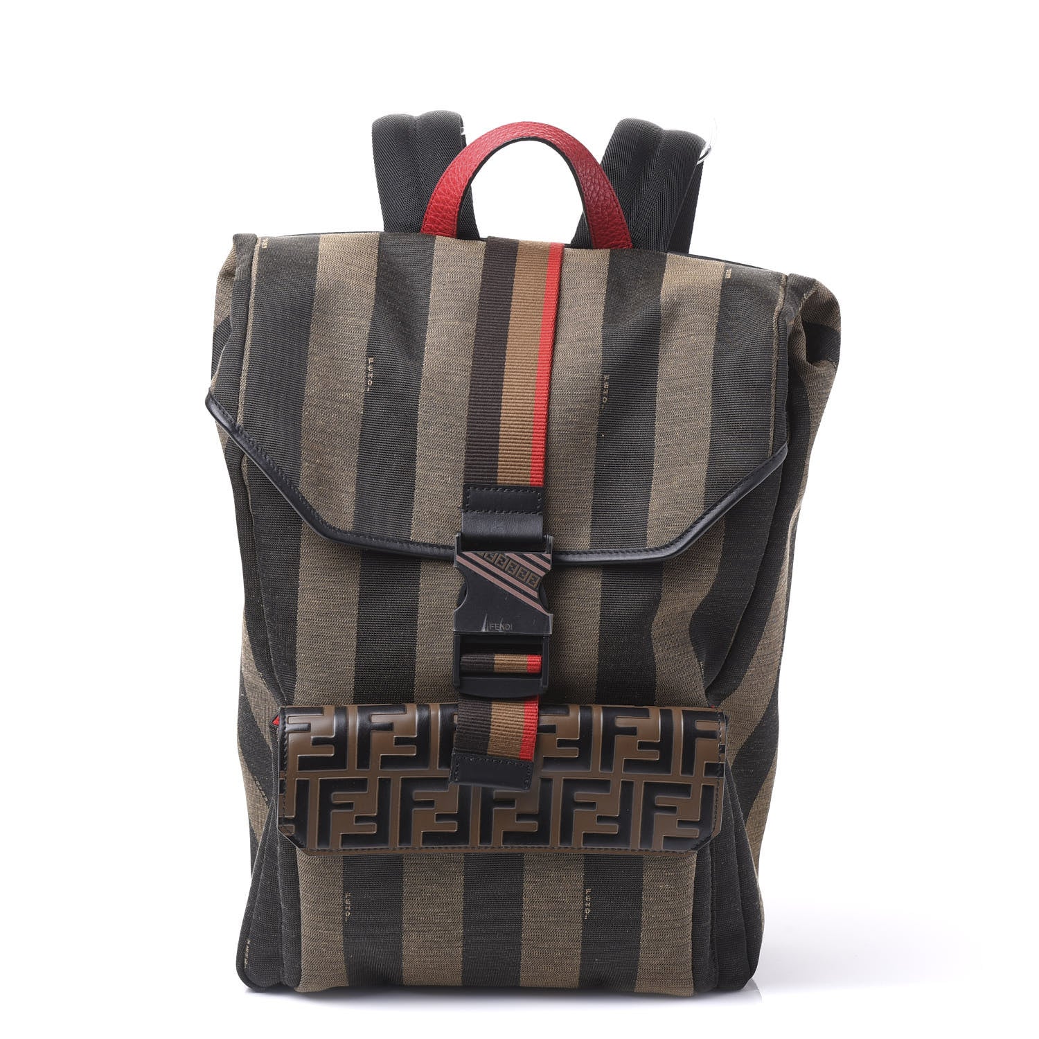 Fendi Fabric Jacquard Cuoio Romano Vitello Pequin Bi-Color FF 1974 Embossed Backpack Tobacco Moro Rosso Malboro Maya Black 1 of 10