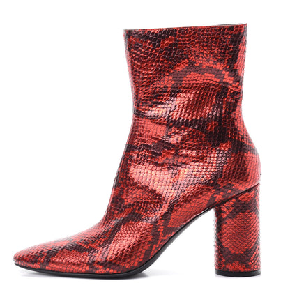 Balenciaga Snakeskin Embossed Calfskin Oval Block Heel Ankle Boots 38 Red 1 of 9