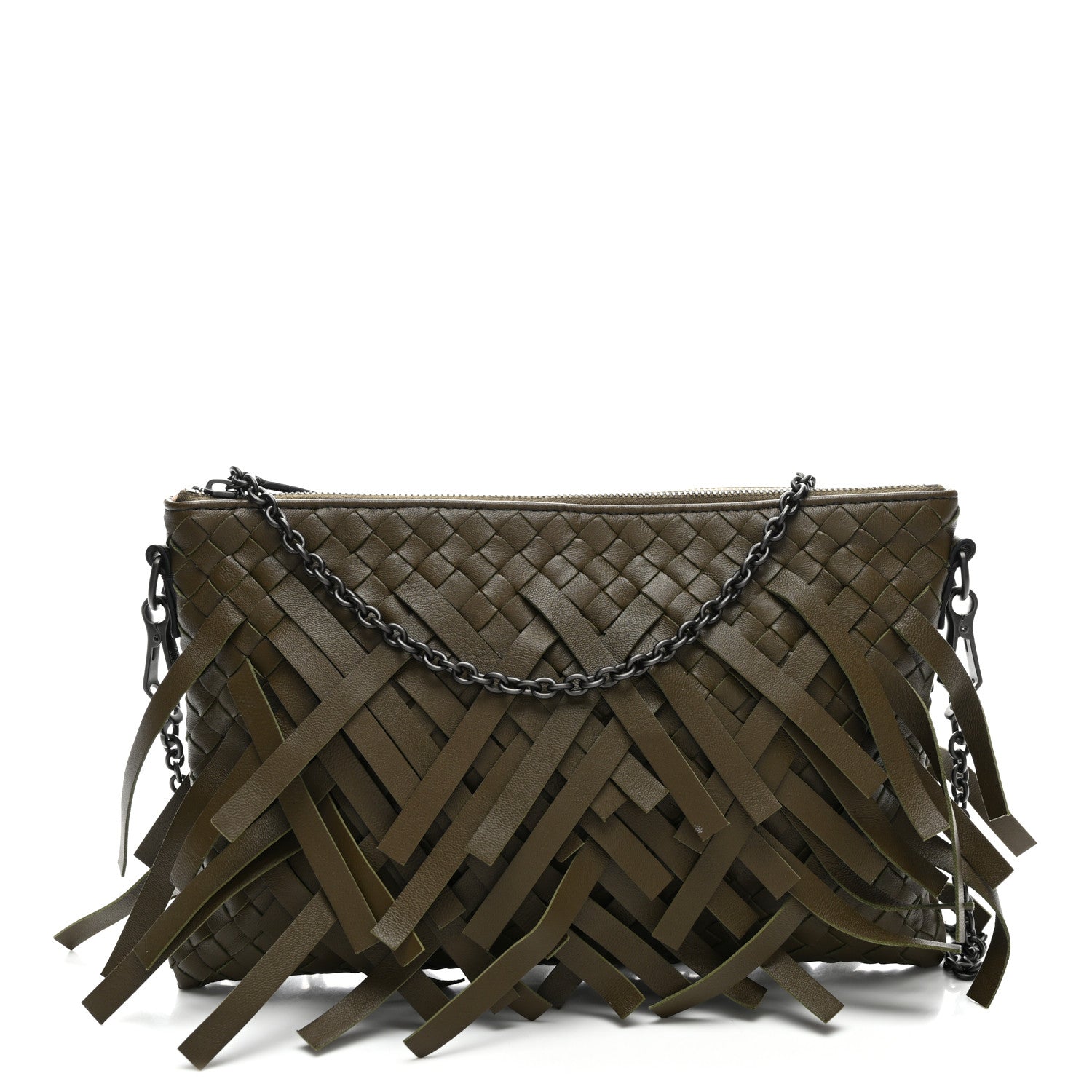 Bottega Veneta Nappa Intrecciato Palio Fringe Chain Pouch Moss 1 of 9