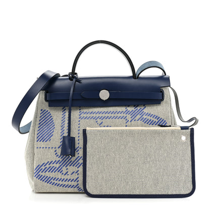 Hermes Vache Hunter Toile H Brides de Gala Herbag Zip Retourne 31 PM Bleu De France Ecru Black 3 of 11