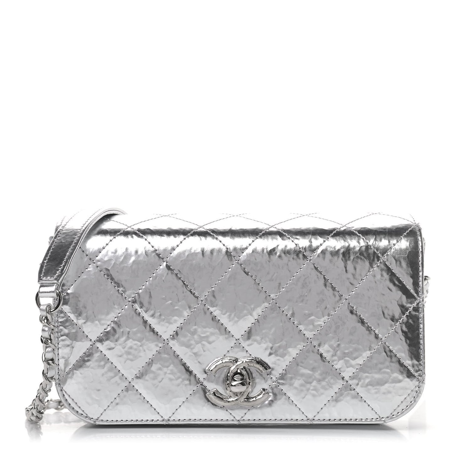 Hammered Metallic Calfskin Quilted Flap Silver