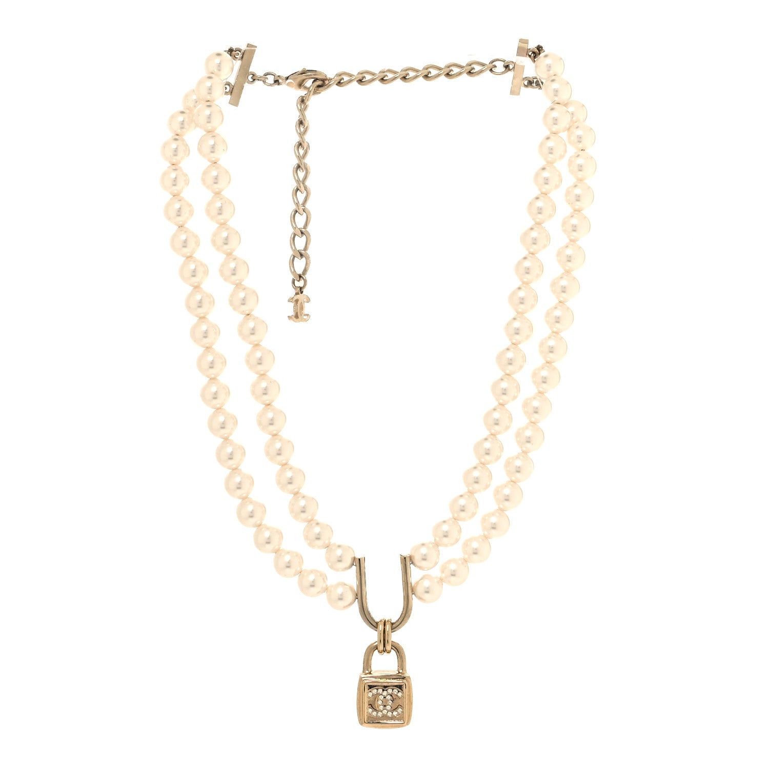Chanel Pearl Crystal CC Lock Choker Necklace Gold Pearly White 3 of 6