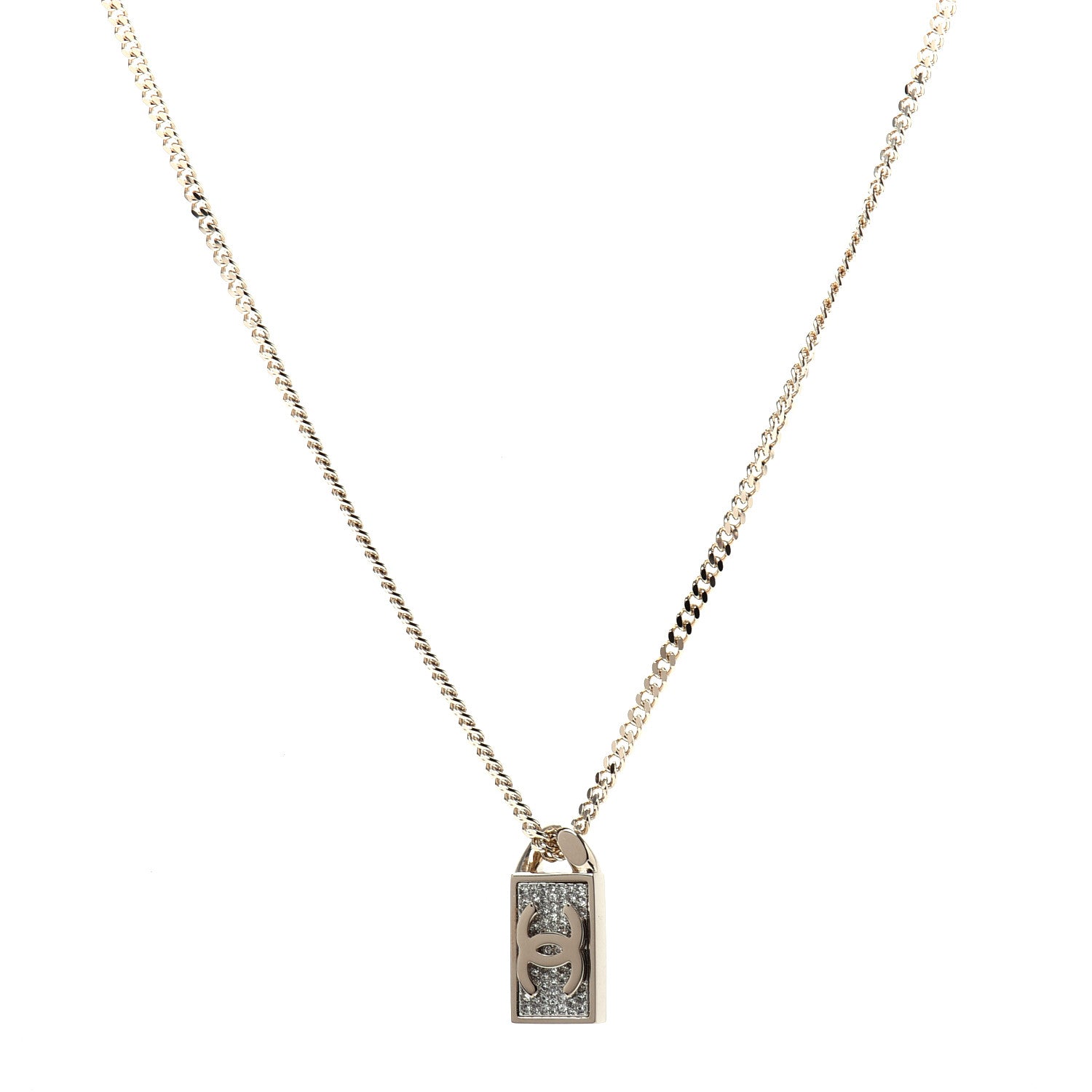 Chanel Crystal Dog Tag Chain Necklace Gold 1 of 6