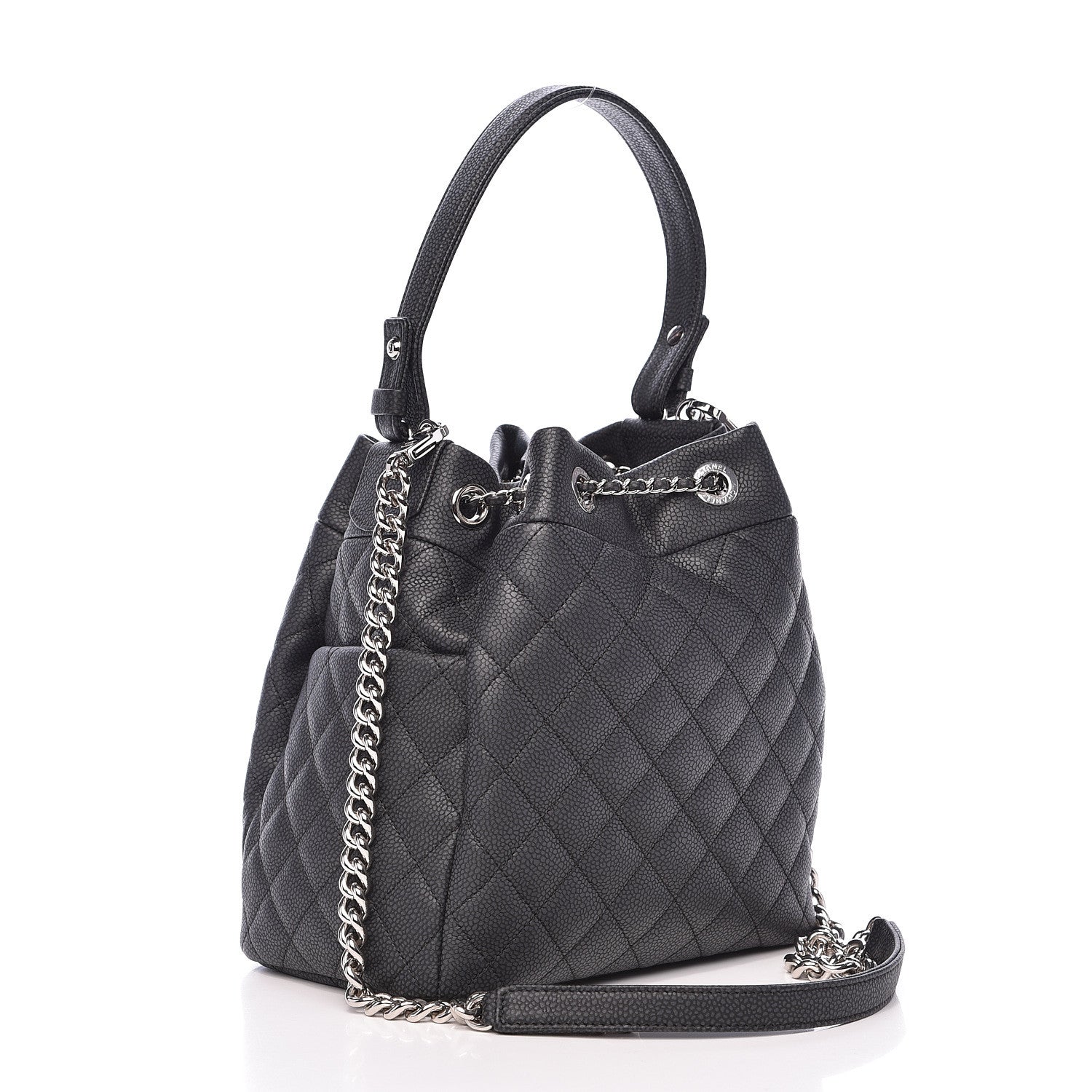 Chanel Caviar Flat Quilted CC Chain Bucket Drawstring Bag Black 3 of 10