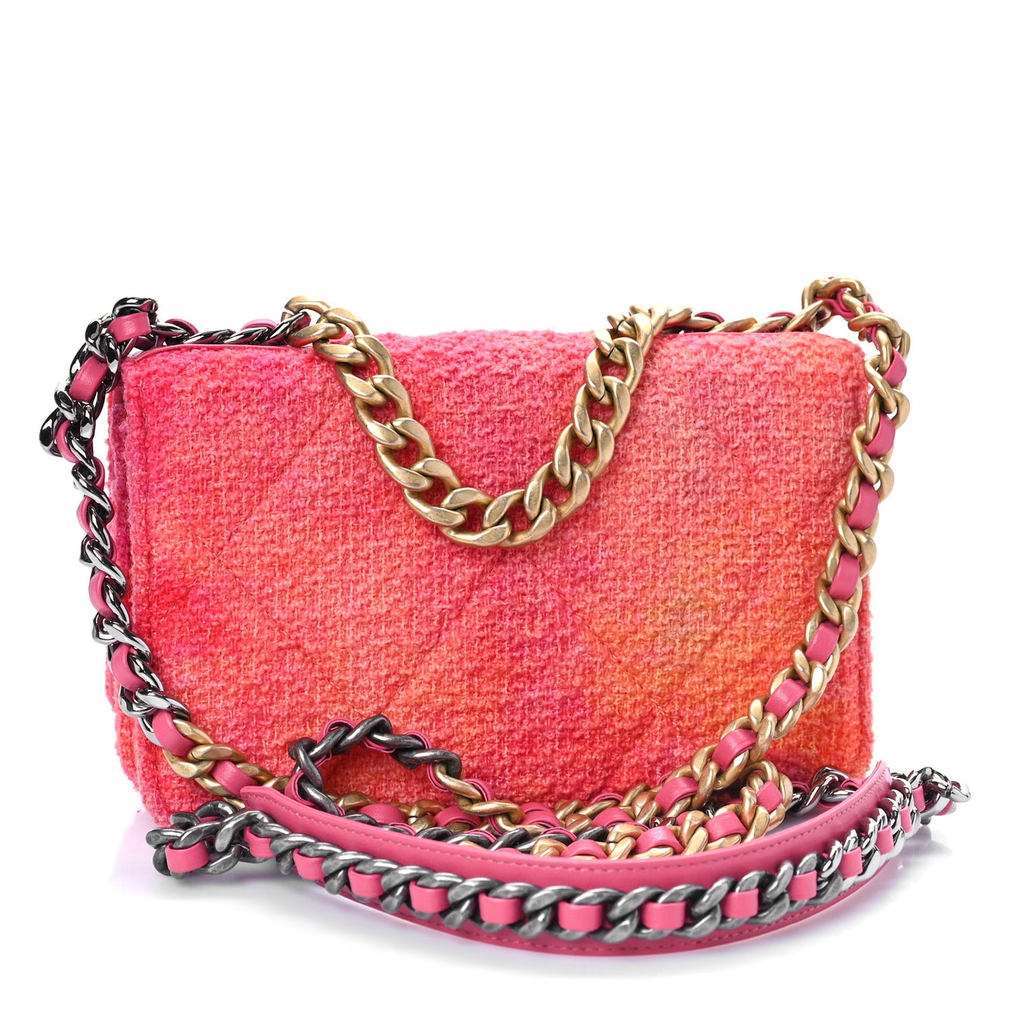 Wool Tweed Lambskin Quilted Chanel 19 Wallet On Chain WOC Coral Pink