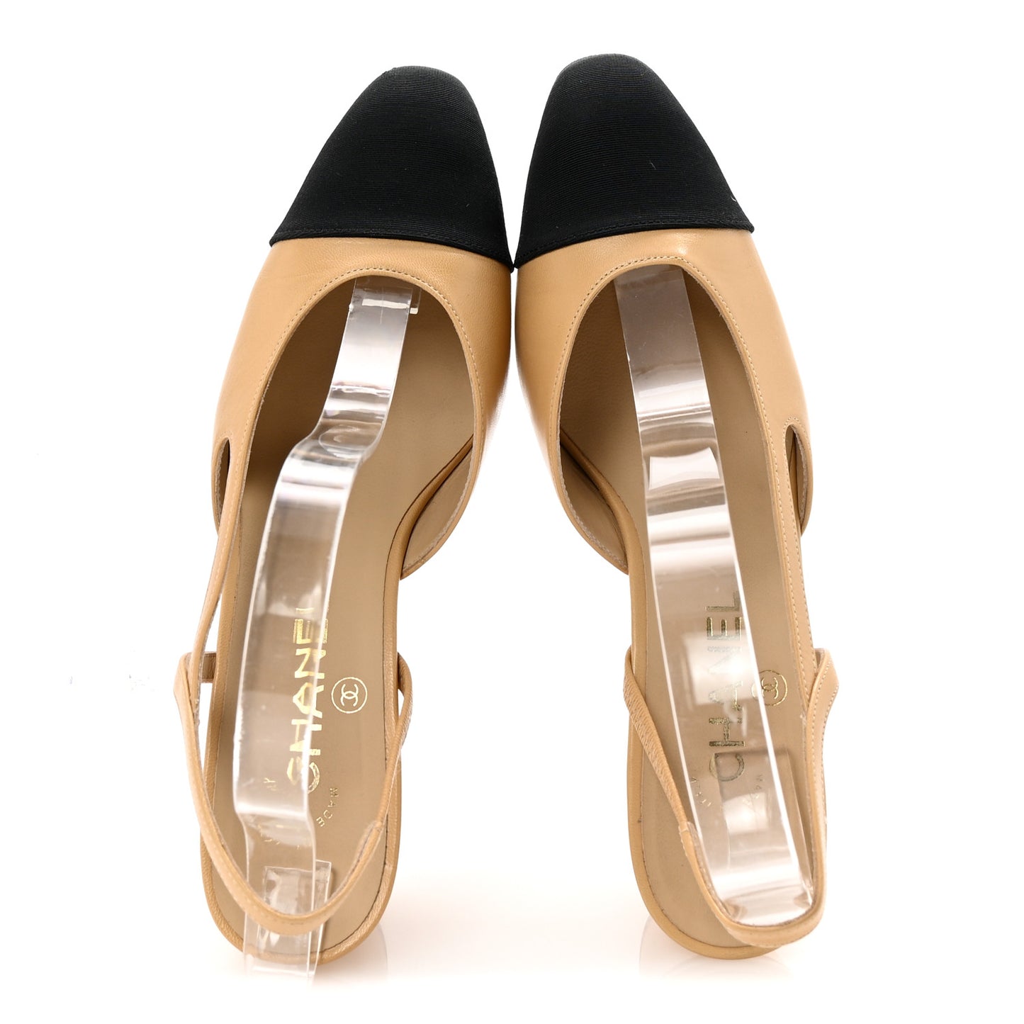 Goatskin Grosgrain Cap Toe CC Slingback Pumps 37.5 Beige Black