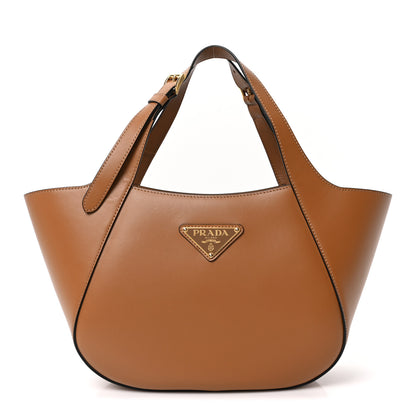 Prada City Calfskin Metal Triangle Logo Tote Caramel 1 of 10