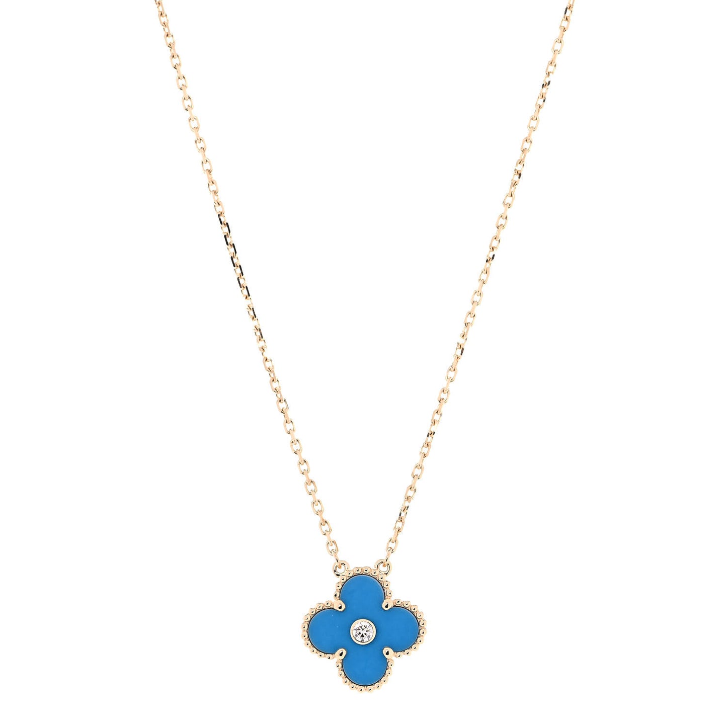 18K Yellow Gold Diamond Celestial Blue Sevres Porcelain Vintage Alhambra Pendant Necklace