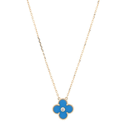 Van Cleef & Arpels 18K Yellow Gold Diamond Celestial Blue Sevres Porcelain Vintage Alhambra Pendant Necklace 1 of 8