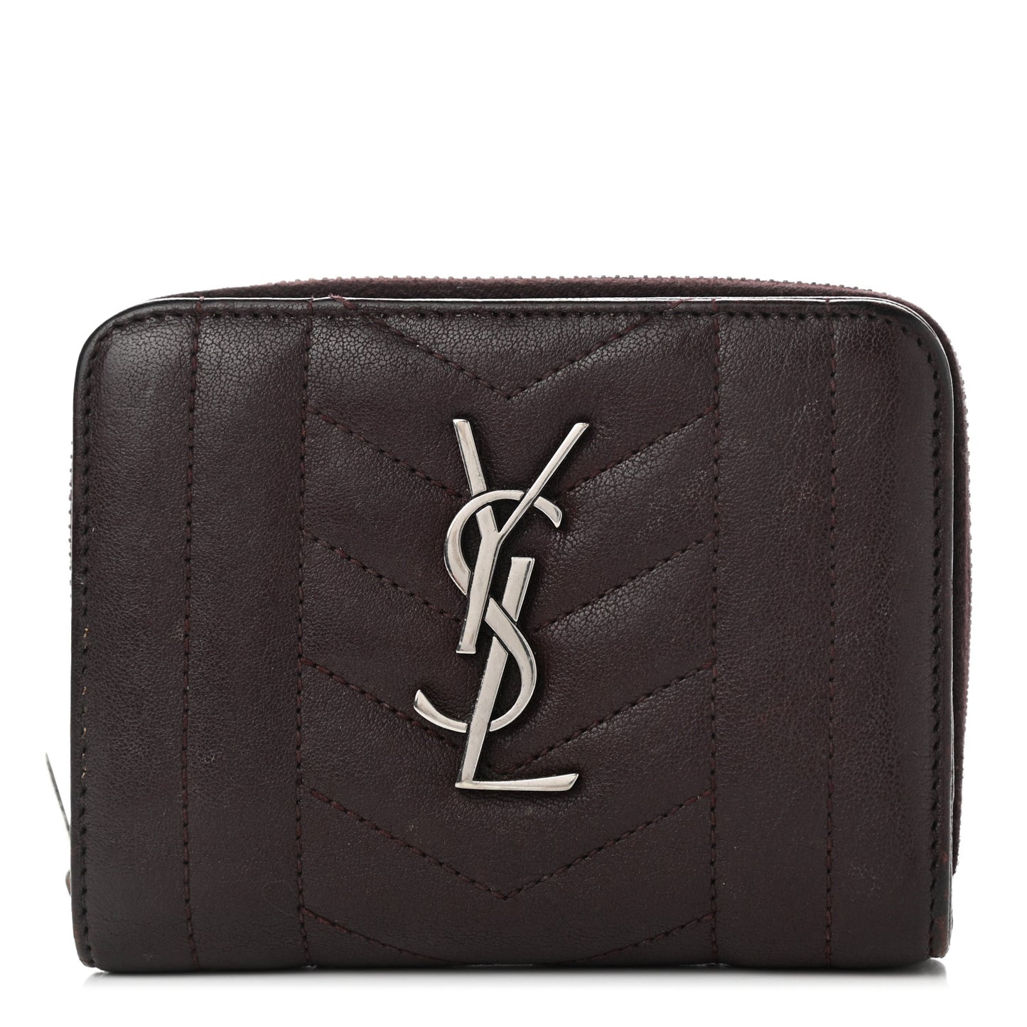 Calfskin Mixed Matelasse Chevron Monogram Compact Zip Around Wallet Dark Brown