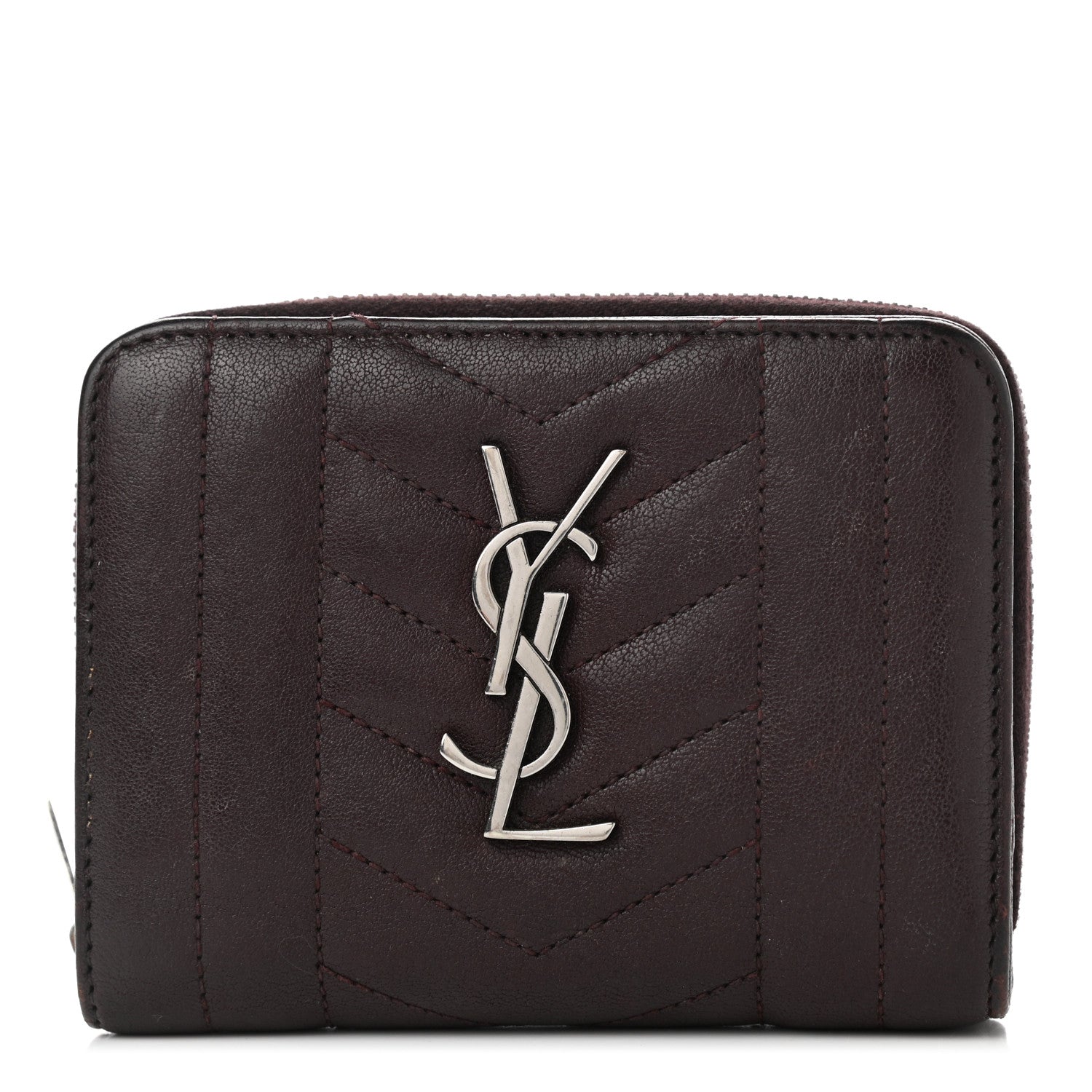 Saint Laurent Calfskin Mixed Matelasse Chevron Monogram Compact Zip Around Wallet Dark Brown 1 of 7