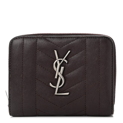 Saint Laurent Calfskin Mixed Matelasse Chevron Monogram Compact Zip Around Wallet Dark Brown 1 of 7