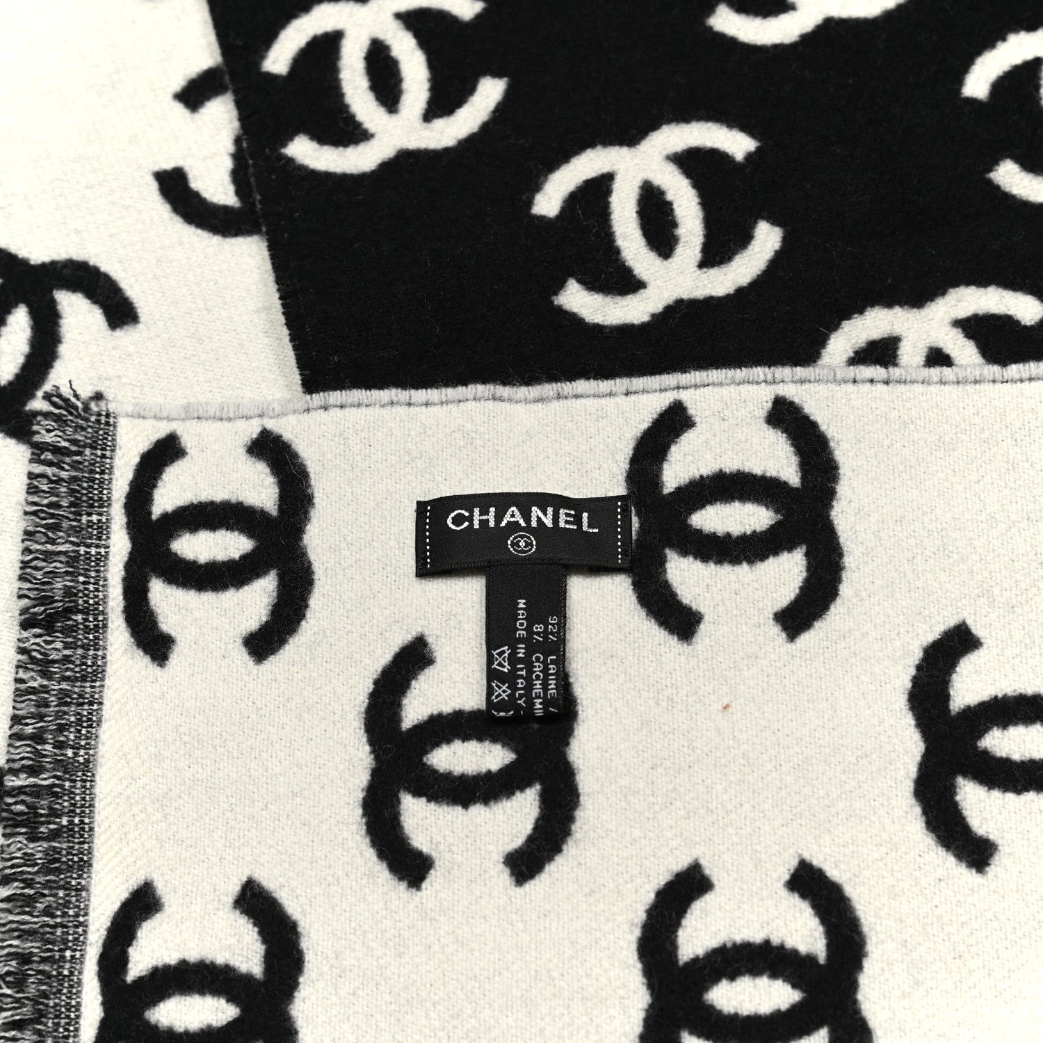 Chanel Wool Cashmere CC Scarf Black White 3 of 3