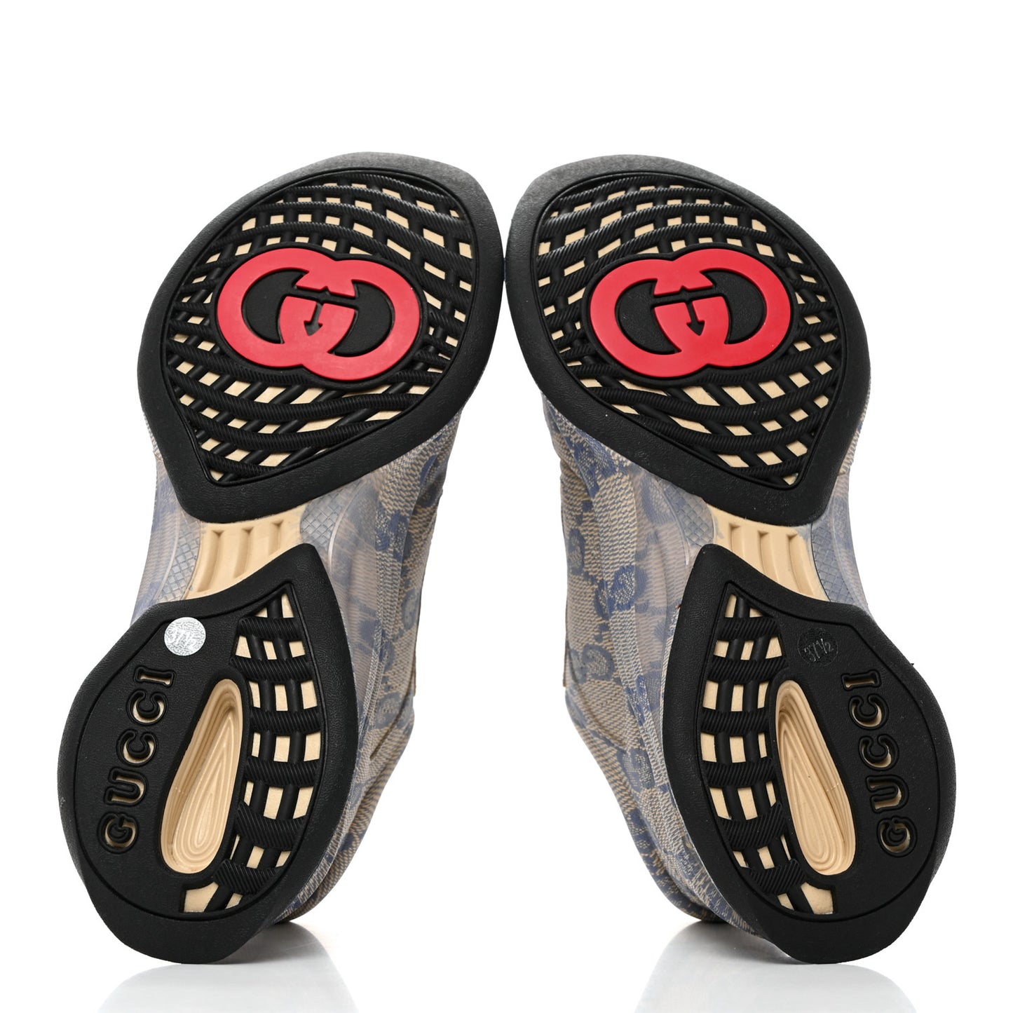 Ultralight Plume Calfskin Monogram Printed Womens Gucci Run Sneakers 37.5 Beige Blue