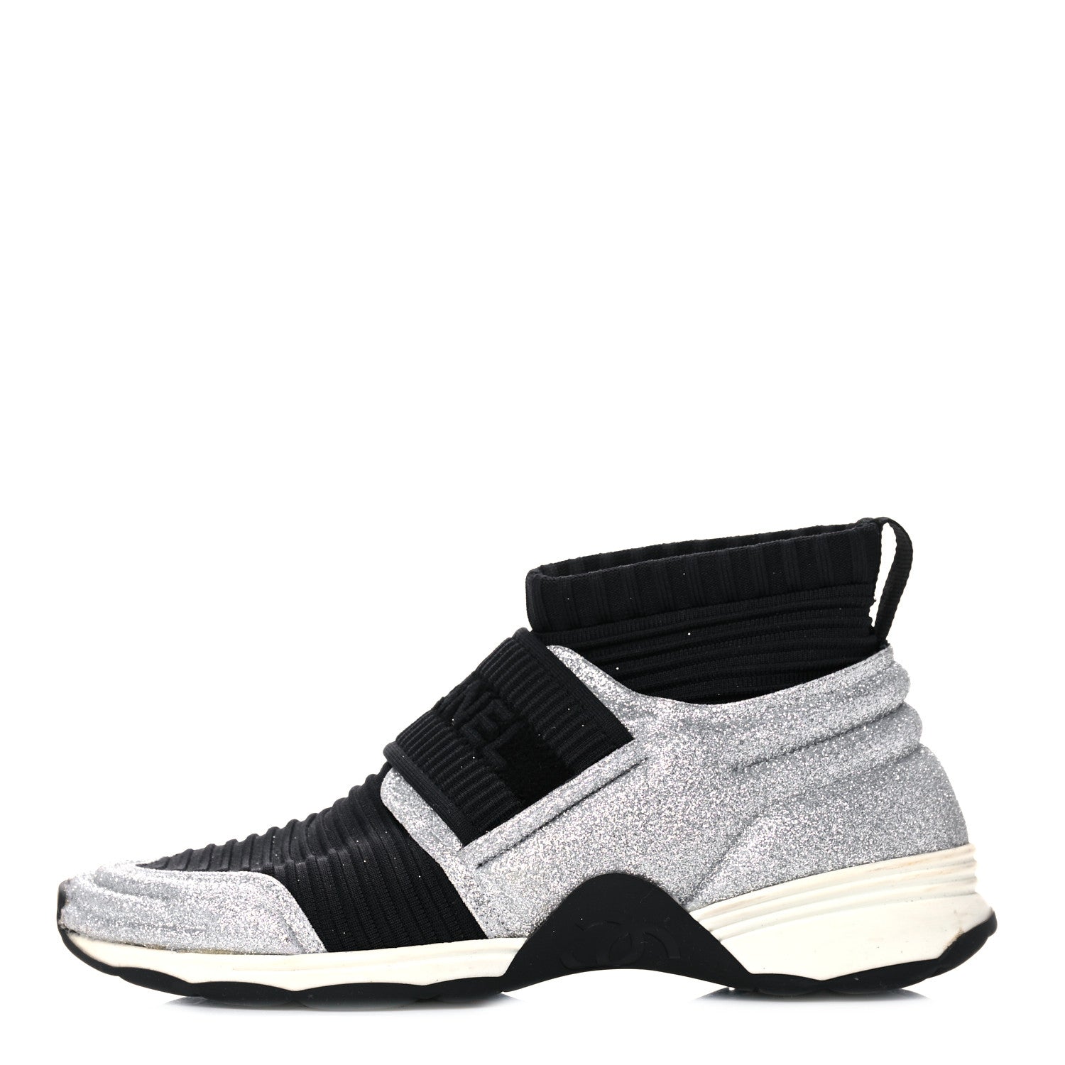 Chanel Glitter Stretch Fabric CC Sneakers 36.5 Black Silver 1 of 16