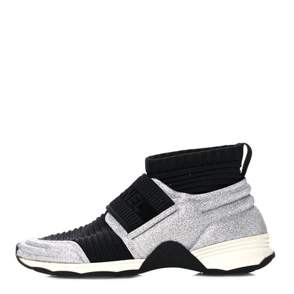 Chanel Glitter Stretch Fabric CC Sneakers 36.5 Black Silver 1 of 16