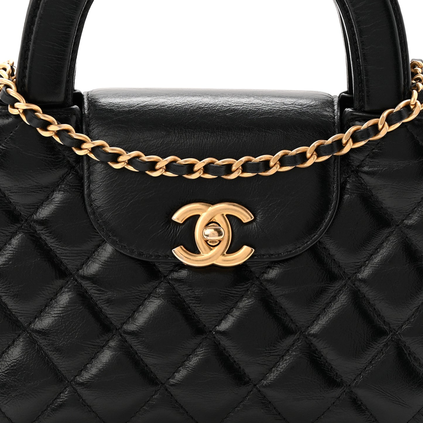 Shiny Aged Calfskin Quilted Nano Kelly Shopper Black