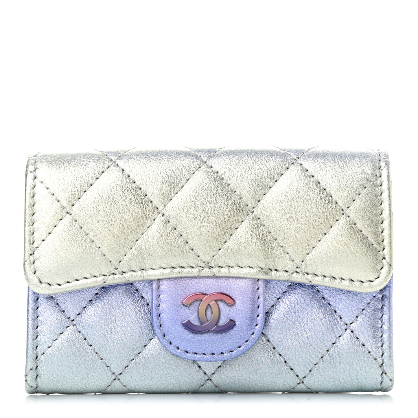 Gradient Metallic Calfskin Quilted Flap Card Holder Wallet Silver Blue Yellow Purple
