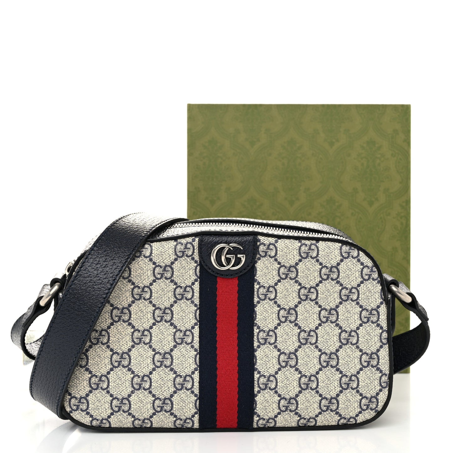 GG Supreme Monogram Textured Dollar Calfskin Web Small Ophidia Camera Bag Beige Blue