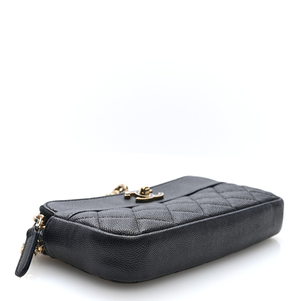 Caviar Quilted Zipped Phone Holder With Chain Black