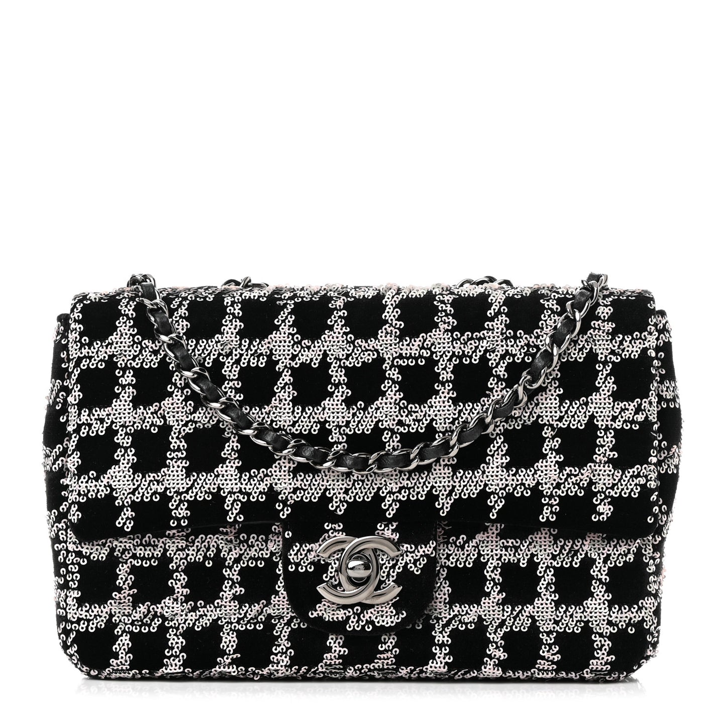 Velvet Sequin Mini Houndstooth Rectangular Flap Black Pink