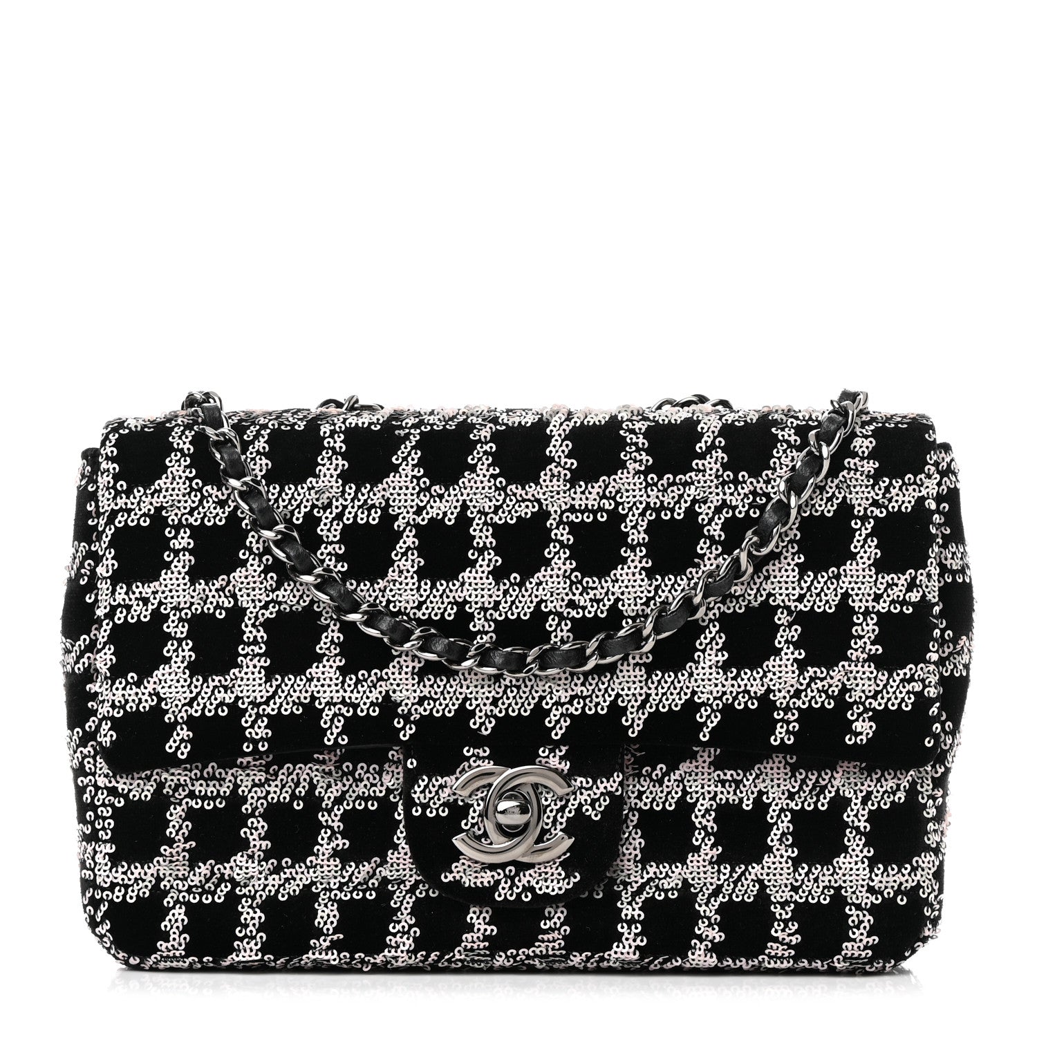 Chanel Velvet Sequin Mini Houndstooth Rectangular Flap Black Pink 1 of 10