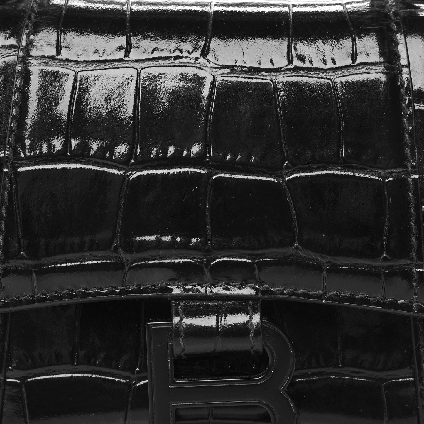 Shiny Calfskin Monochrome Crocodile Embossed Small Hourglass Top Handle Bag Black