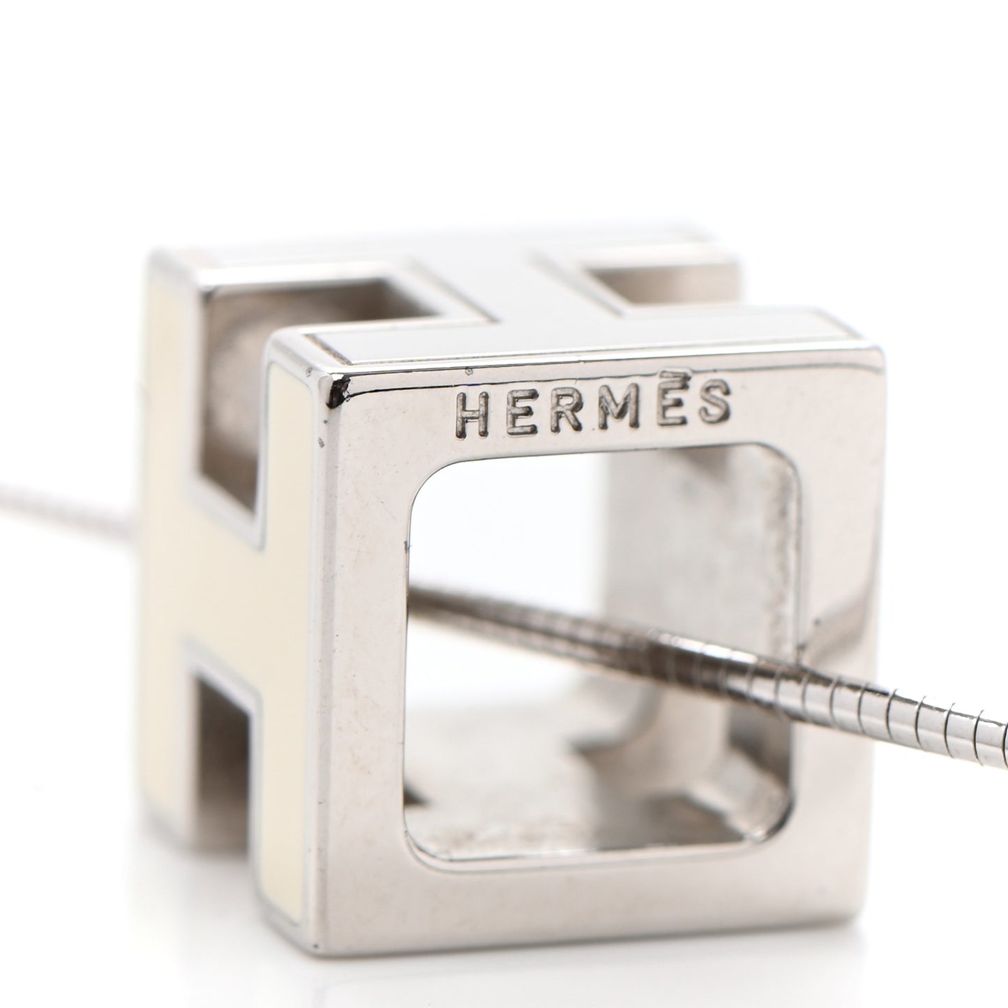Palladium Lacquered Cage d'H Pendant Necklace Ecru
