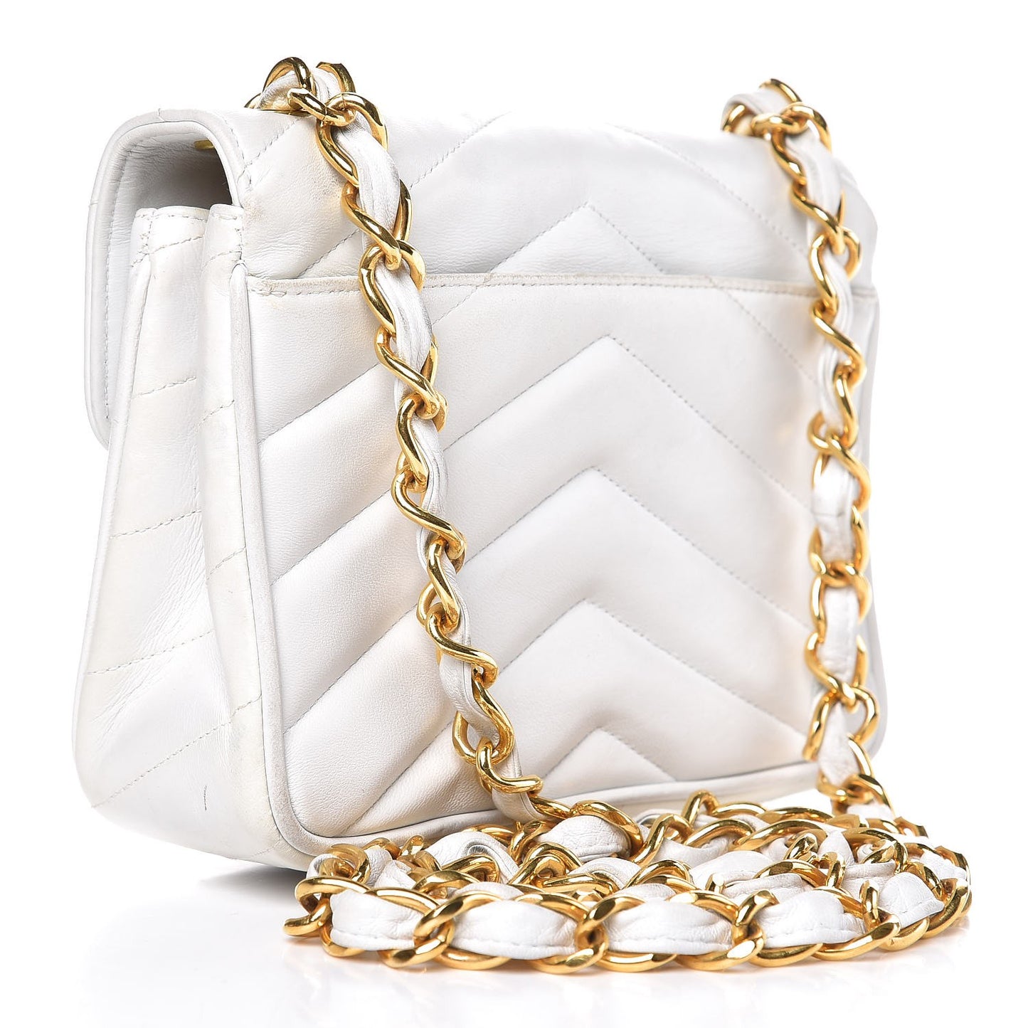 Lambskin Chevron Quilted Mini Square Flap White