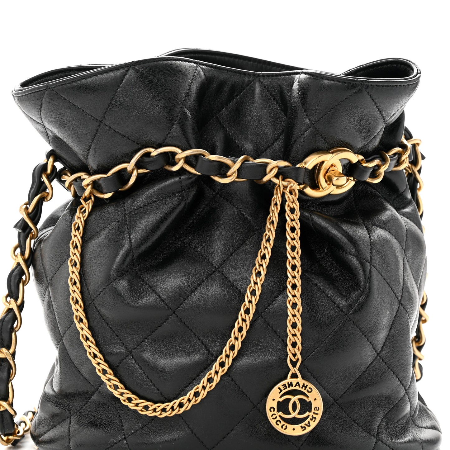 Lambskin Quilted Fancy Jewel Bucket Drawstring Bag Black