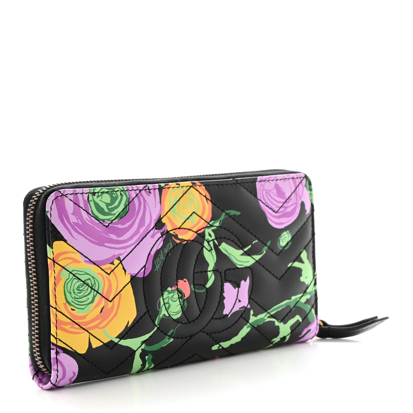 X KEN SCOTT Calfskin Matelasse Floral Print GG Marmont Zip Around Wallet Black