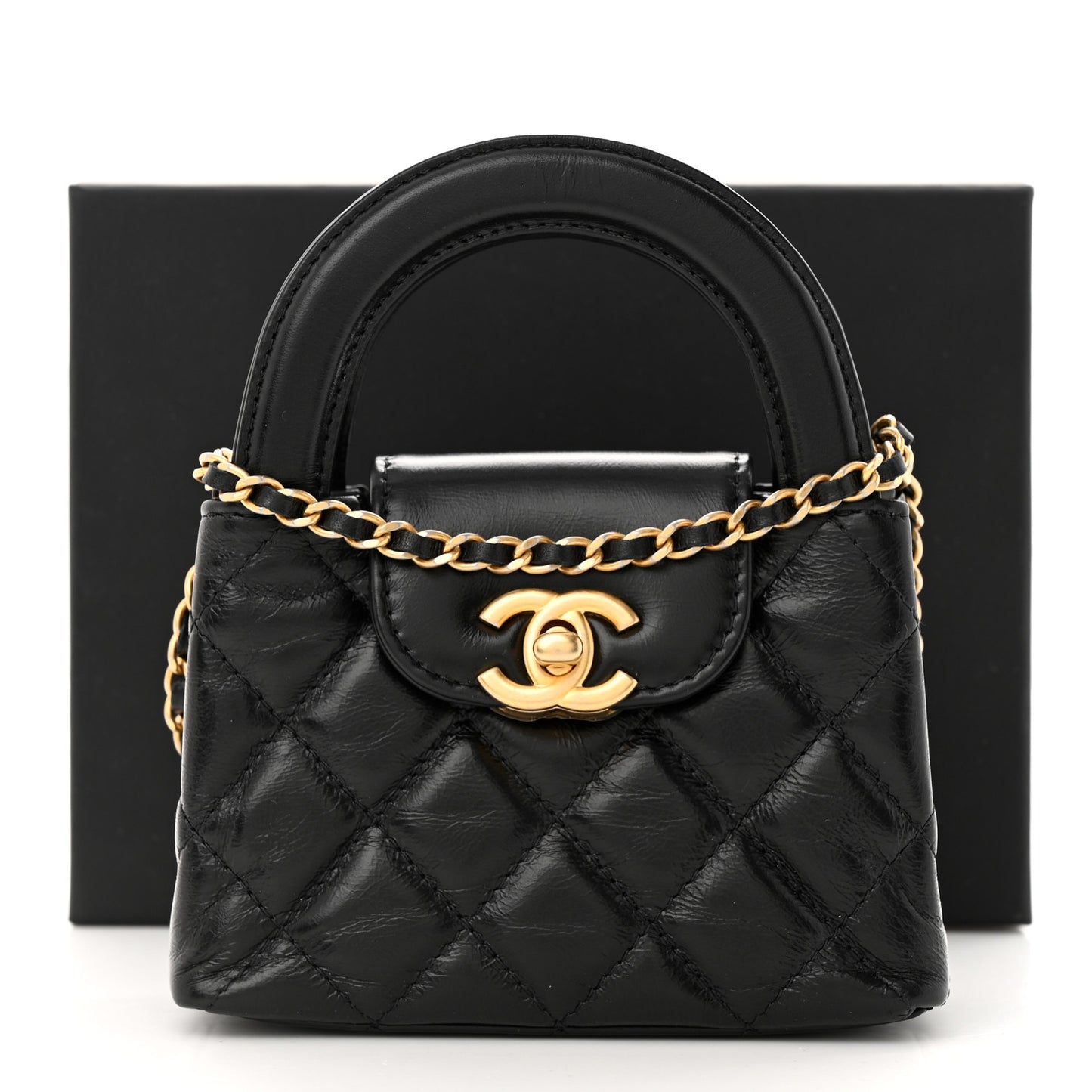 Shiny Aged Calfskin Quilted Mini Nano Kelly Shopper Black