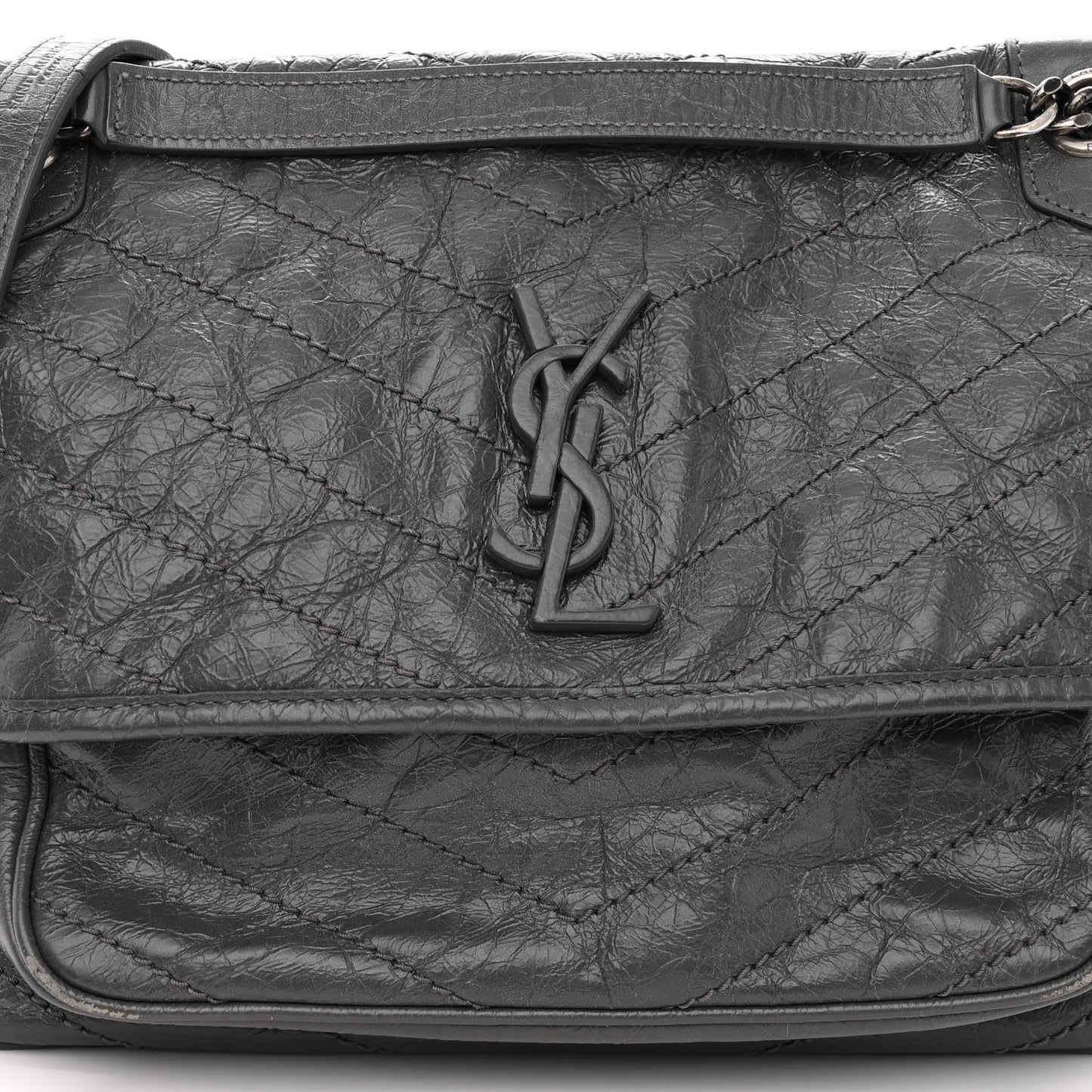 Crinkled Calfskin Matelasse Monogram Medium Niki Chain Satchel Fog