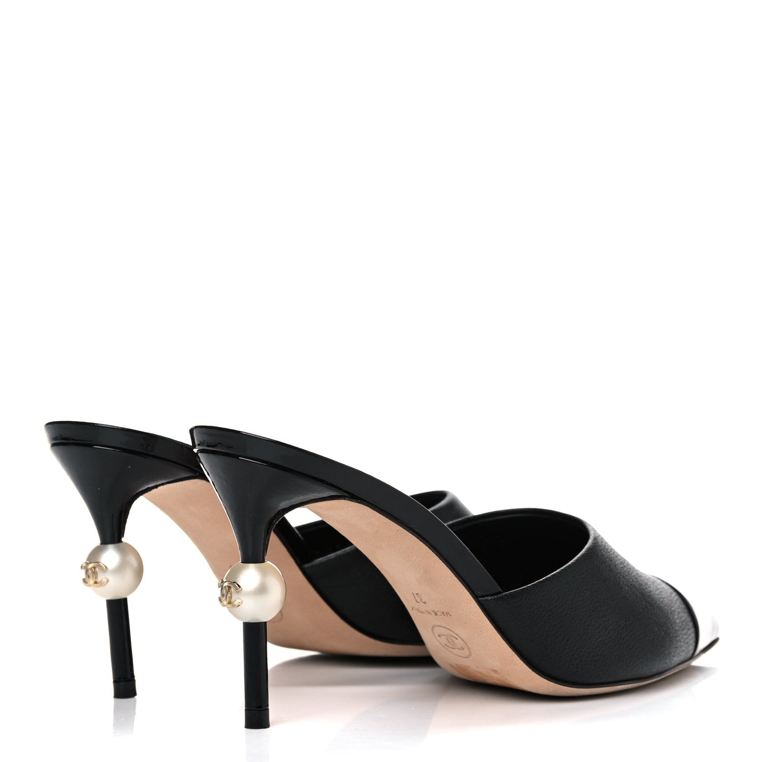 Chanel Goatskin Patent Cap Toe Pearl Mule 37 Black 4 of 13