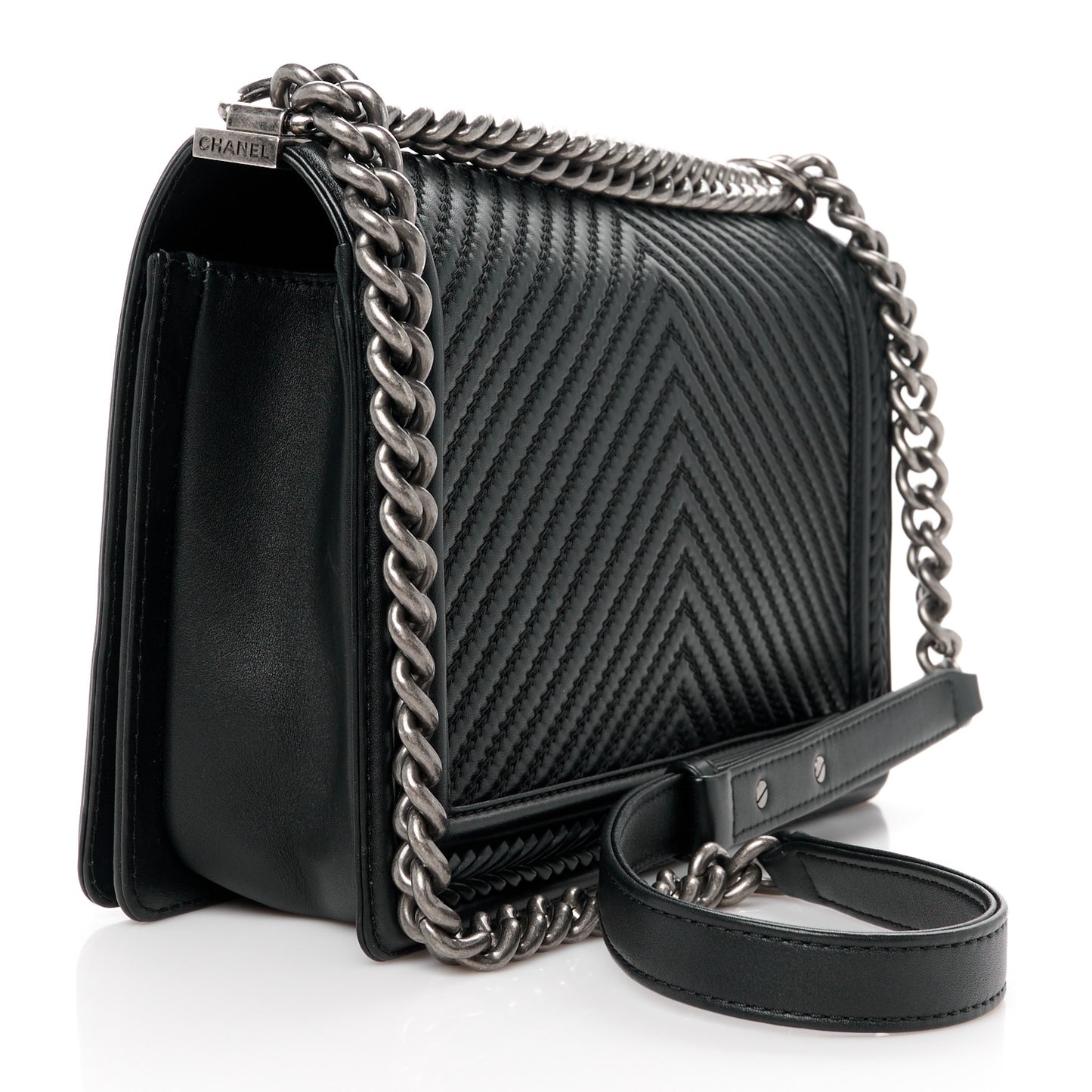 Calfskin Chevron Quilted New Medium Braided Boy Flap Black