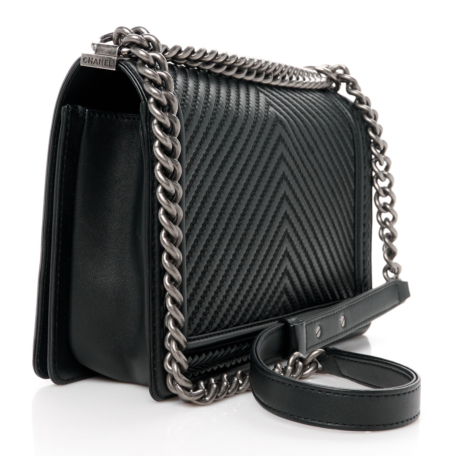 Chanel Calfskin Chevron Quilted New Medium Braided Boy Flap Black 3 of 10
